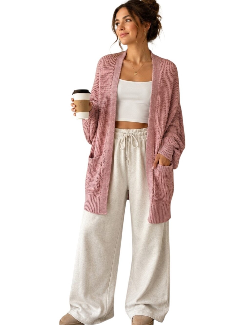 American Eagle Dusty Pink Oversized Waffle Knit Cottagecore Cardigan XS/S